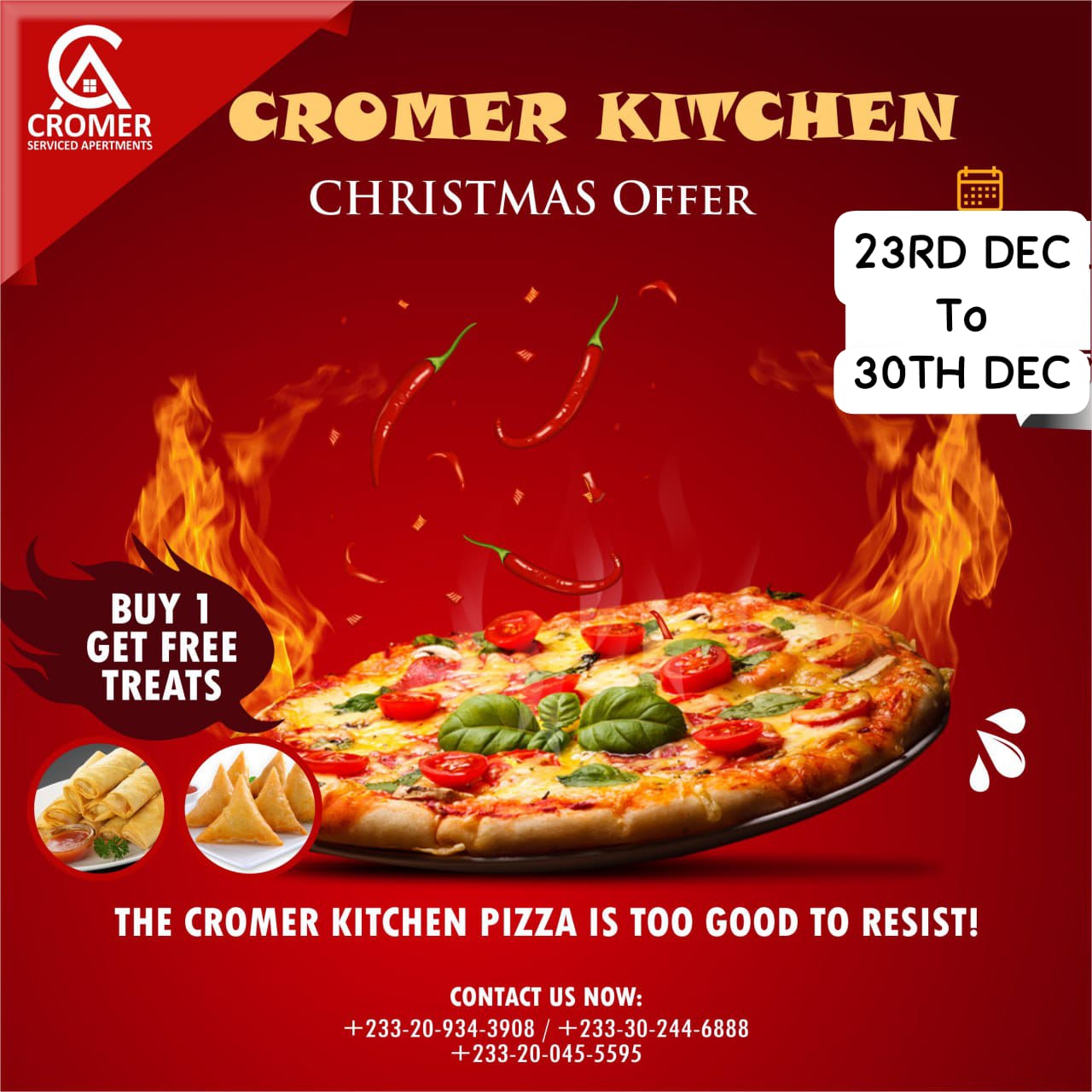 This Christmas, enjoy a little extra on us ???????? Buy 1 Large Pizza and receive a complimentary treat at Cromer Serviced Apartments.